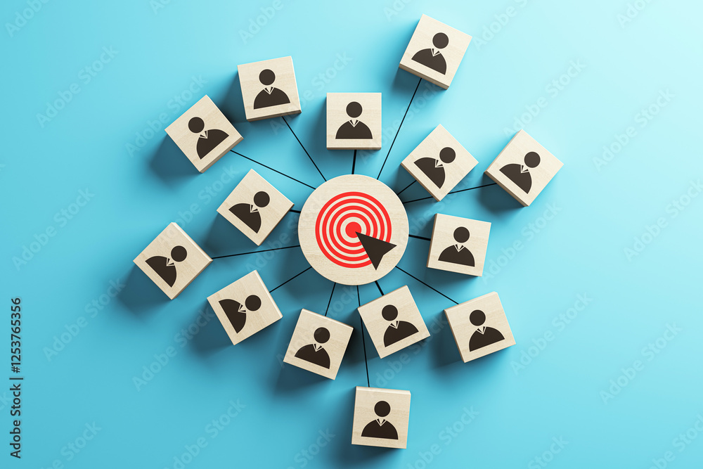 Aufkleber business network concept with wooden blocks and target symbol. 3d rendering