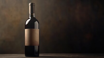 Red wine bottle with blank label against dark rustic background
