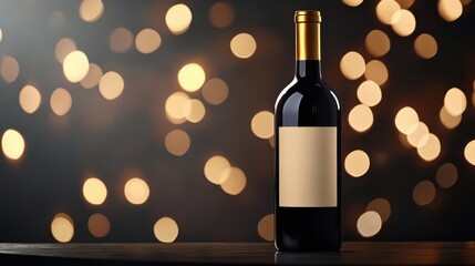 Wine bottle with blank label and golden bokeh reflections