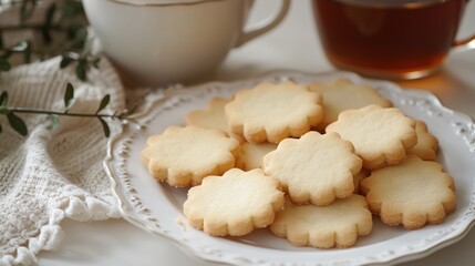 Fototapeta premium Sweet floral cookies and tea, relaxing morning