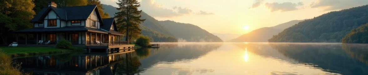 Sunlight dances across calm lake waters reflected in mansion's lakefront deck, calm, mansion
