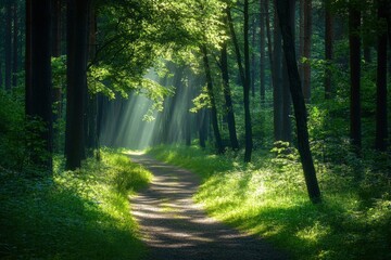 Obraz premium Winding path through a sunlit forest inviting exploration and adventure. Generative AI