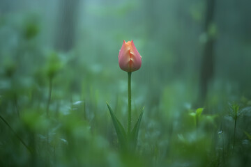  Bright tulip in the garden surrounded by light fog, creating a mystical and calm atmosphere in nature