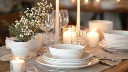Festive dining table set with elegant tableware, glowing candles, and fresh flowers for a special gathering. Generative AI