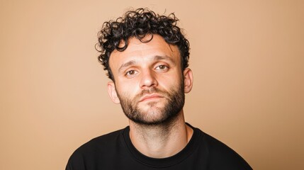 Obraz premium Young Man with Curly Hair Serious Expression Portrait