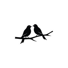 Black Silhouette two birds on a branch, valentine day vector.