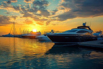 Fototapeta premium Sunset tranquility at a marina filled with luxurious yachts. Generative AI