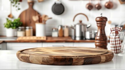Kitchen podium background for food product. Wooden cutting board against a bright, modern kitchen backdrop. Table pedestal display, wooden platform.