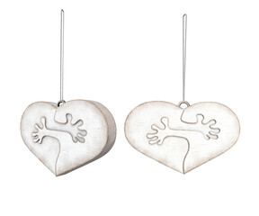 Realistic wooden hearts on a thread, painted with vintage white paint, funny and humorous, hugging, 3d render, PNG