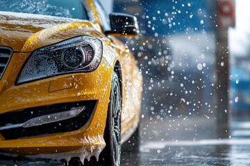 Bright yellow car gleaming outside a sparkling clean car wash with bubbles. Generative AI