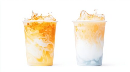 Fresh Milk and Flavorful Drink Swirls in Clear Glass Cups on a White Background