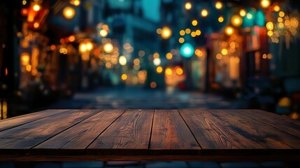 Empty wooden table with blurred restaurant background
