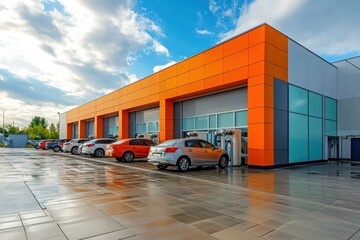 Bright modern car wash building showcasing a lineup of sleek vehicles. Generative AI