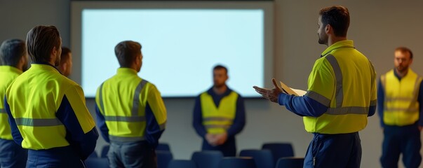 Supervisor leading a team meeting of industrial workers in conference room
