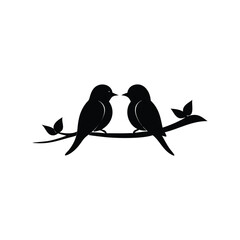 Black Silhouette two birds on a branch, valentine day vector.
