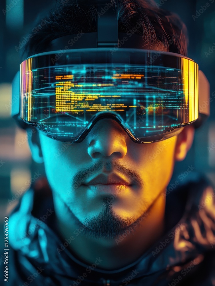 Poster virtual reality, hacking and programming concept - close up of asian male hacker's face in vr glasse