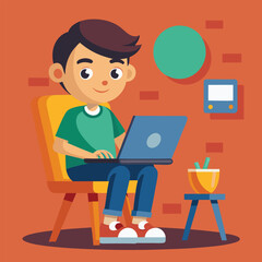 a boy is using his laptop vector