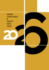 A unique holiday greeting combines bold typography and a modern color palette, wishing viewers a Merry Christmas and Happy New Year for 2026 amidst a stylish layout.