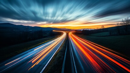 Obraz premium Streaks of light on a winding road at dusk with vibrant sunset colors.