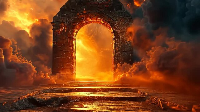 mysterious gate way to another world, brick rock entrance with smoke and light glowing 
