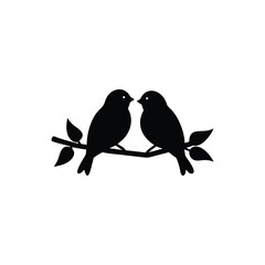 Black Silhouette two birds on a branch, valentine day vector.