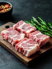 Sliced pork bolgna meat on a rustic wooden board on a black surface, low angle view. Close-up.