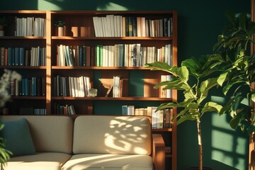 Livingroom with library, cozy reading nook
