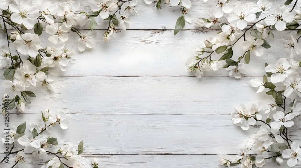 Poster beautiful white blossoms on branches against a rustic wooden background creating a serene and natura