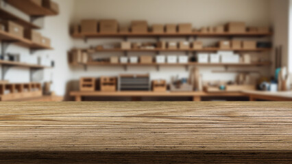 Beautiful natural wood tabletop and workshop or garage background with tools