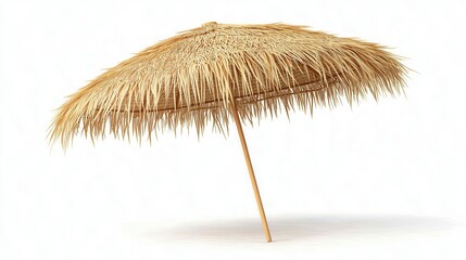 A straw umbrella featuring a sturdy wooden pole set against a clean white background, highlighting its texture and simplicity.