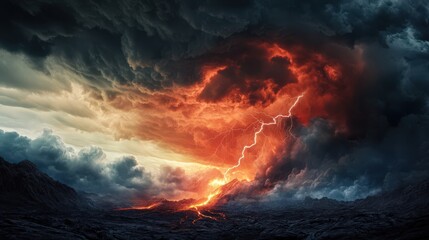 A volcano erupting under a stormy sky, lightning crackling above molten lava flows, dramatic and intense