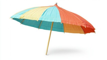 Obraz premium A vibrant umbrella featuring a wooden pole, elegantly displayed against a clean white backdrop, showcasing its colorful design and structure.