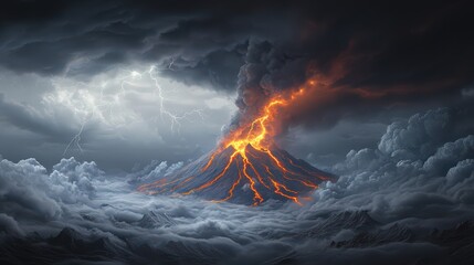 Fototapeta premium A volcano erupting under a stormy sky, lightning crackling above molten lava flows, dramatic and intense