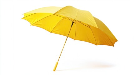 Obraz premium A vibrant yellow umbrella featuring a sturdy wooden handle, set against a clean white backdrop, highlighting its design and color contrast.