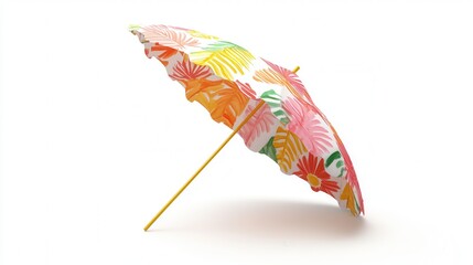A vibrant umbrella featuring a yellow handle set against a clean white background, showcasing its striking colors and design.