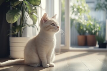 cat, sitting on the wooden floor, in a minimalistic living room 