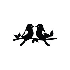 Black Silhouette two birds on a branch, valentine day vector.