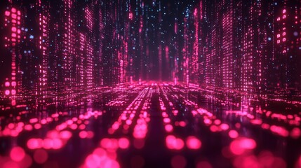 Pink digital city, data stream, futuristic road, glowing background, tech concept
