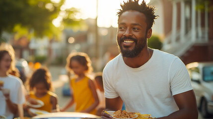 Happy man enjoying outdoor gathering with friends, family, and delicious food.