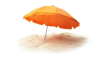 Obraz premium A vibrant yellow umbrella rests on golden sand, providing a pop of color against the natural beach backdrop, inviting relaxation and enjoyment.
