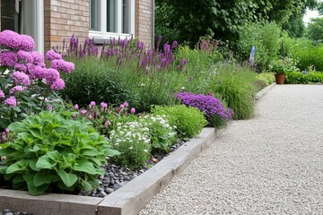Scenes of a front yard garden with a xeriscape design, featuring drought-tolerant plants, gravel pathways, and a water-efficient landscape