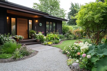 Naklejka premium Scenes of a front yard garden with a xeriscape design, featuring drought-tolerant plants, gravel pathways, and a water-efficient landscape 