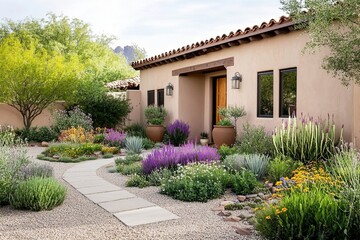 Scenes of a front yard garden with a xeriscape design, featuring drought-tolerant plants, gravel pathways, and a water-efficient landscape