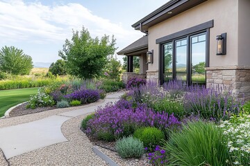 Scenes of a front yard garden with a xeriscape design, featuring drought-tolerant plants, gravel pathways, and a water-efficient landscape