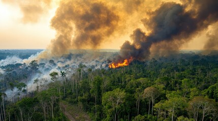 A wildfire spreading through a dense forest, thick smoke rising into the sky