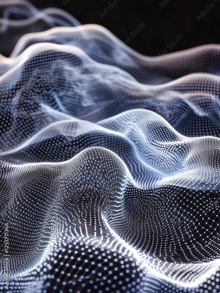 Poster Streamline connection network linking waves of data particles in information technology ,Abstract, digital and background waves ,3d rendering of abstract futuristic digital wave with connecting dots.