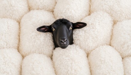 Naklejka premium Lone black sheep standing apart yet within a group of white sheep symbolic and artistic imagery for themes of uniqueness and independent thinking
