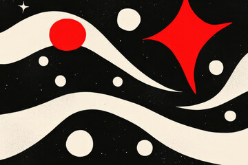 A black and white painting of a wave with a red circle in the middle