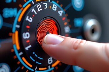 Fototapeta premium A high-tech digital fingerprint scanning concept featuring a futuristic interface with biometric authentication. The glowing fingerprint is highlighted against a sleek, technology-inspired background