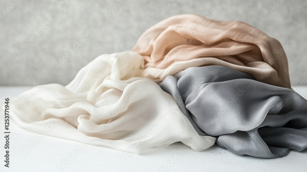 Poster soft silk fabrics in elegant tones on a neutral background with gentle lighting suitable for stylish